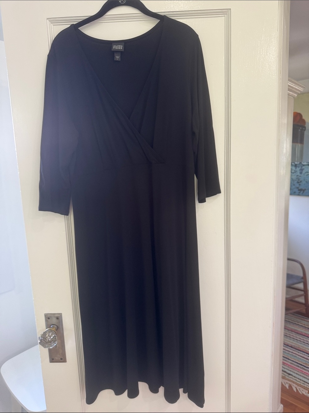 Eileen Fisher Silk Jersey Black Faux-Wrap Midi Dress